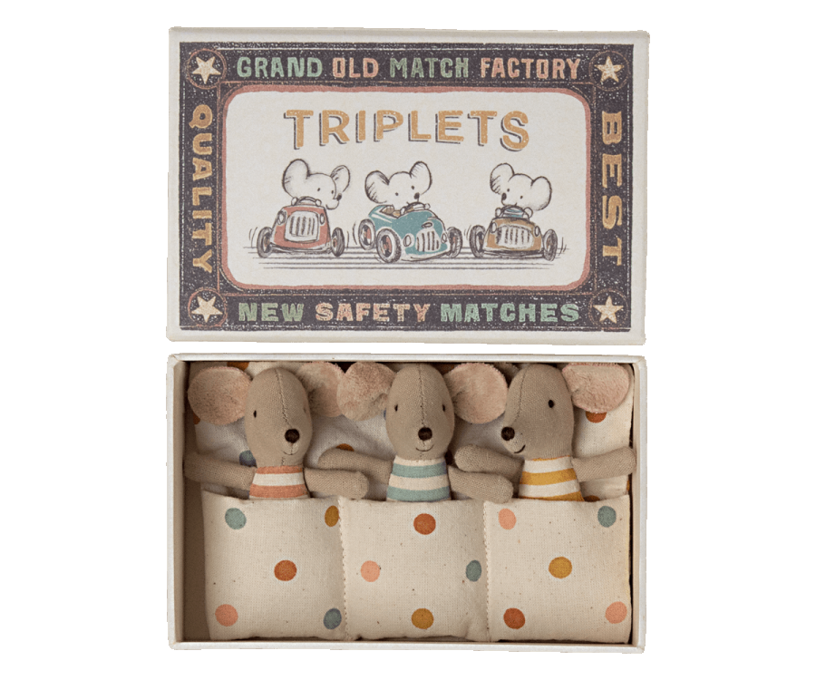 Maileg triplets baby mice in a matchbox