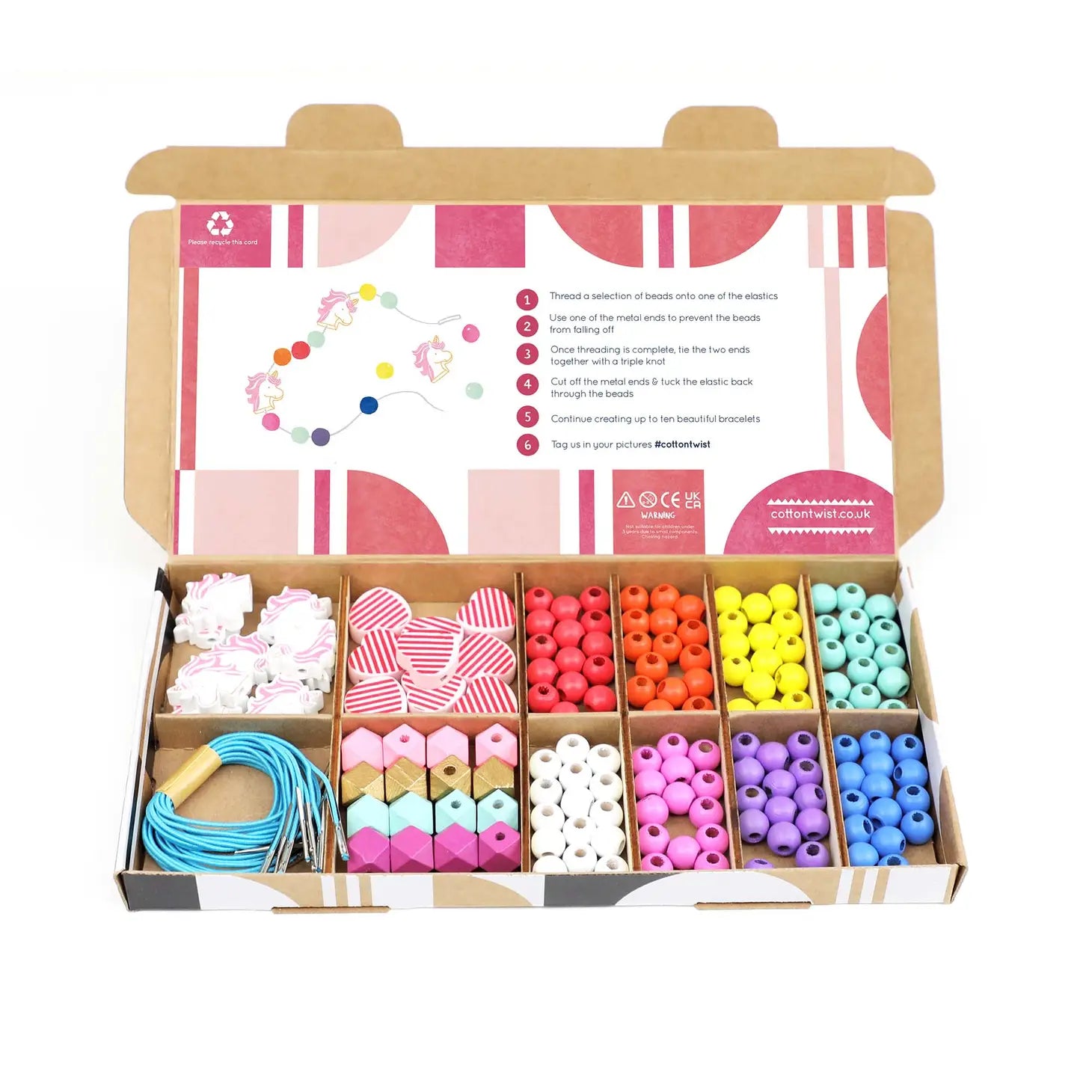 A presentation box for a bracelet making kit with various colorful beads and elastics visible for crafting.