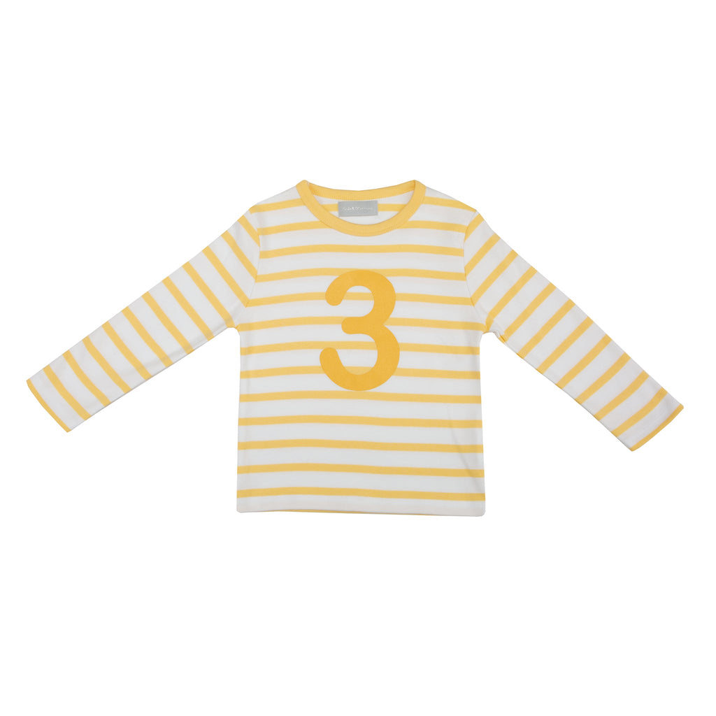 Bob and Blossom Number 3 Breton T-Shirt - Buttercup and white
