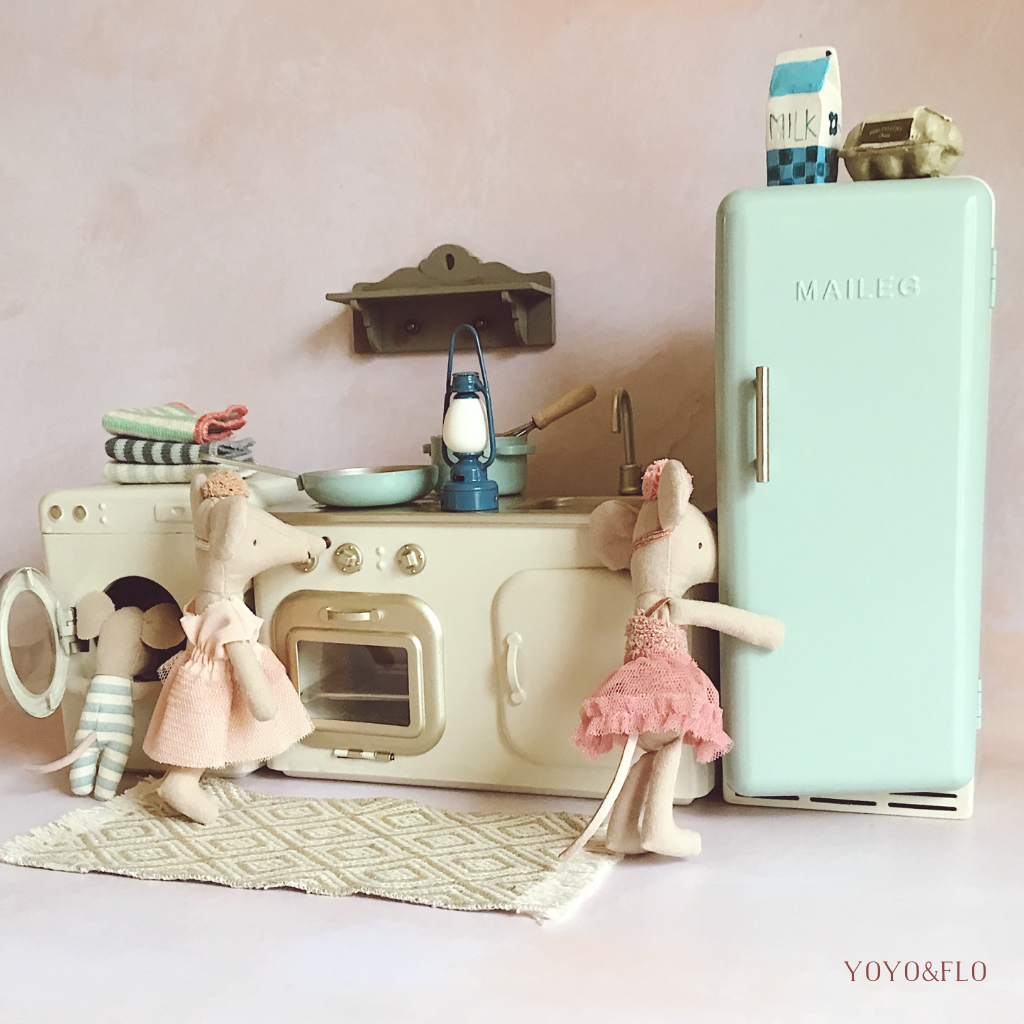 Maileg mice in kitchen washing machine fridge