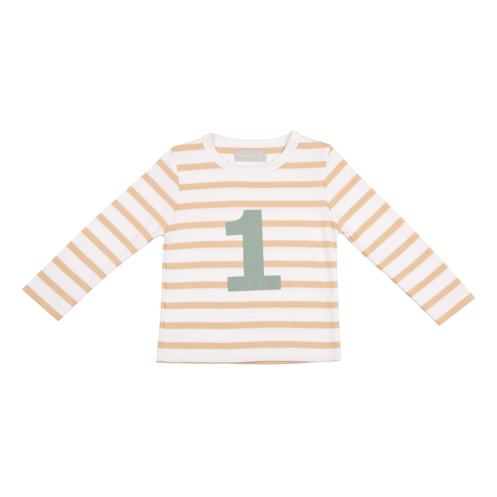 Bob and Blossom Number 1 Breton T-Shirt - Biscuit and green