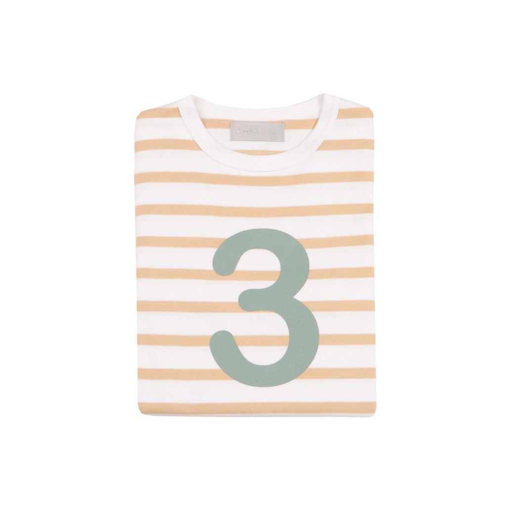 Bob and Blossom Number 3 Breton T-Shirt - Biscuit and green