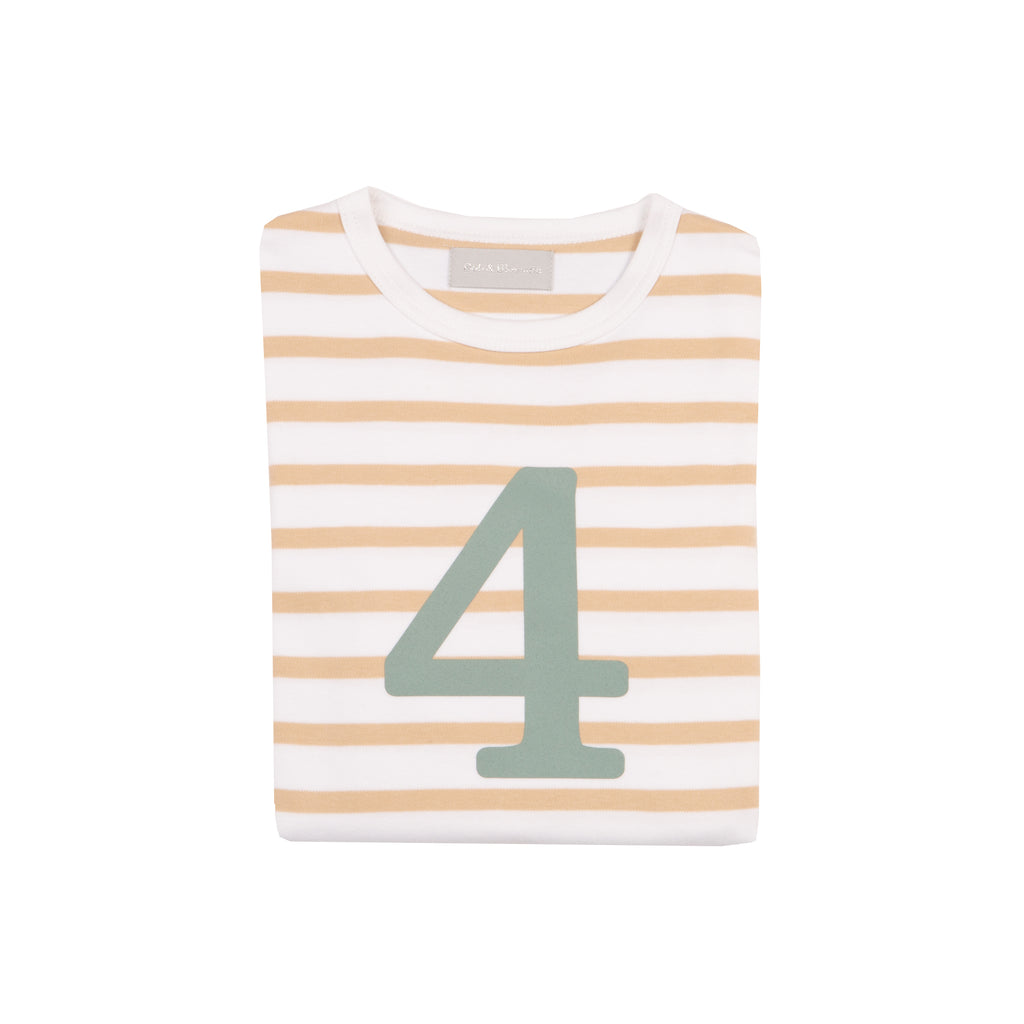 Bob and Blossom Number 4 Breton T-Shirt - Biscuit and green