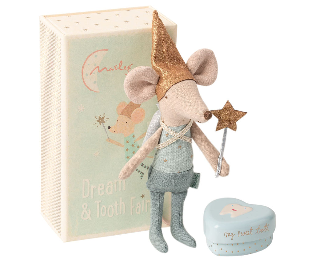 Maileg Tooth Fairy Big Brother mouse in a box with heart shaped tooth tin and gold wand