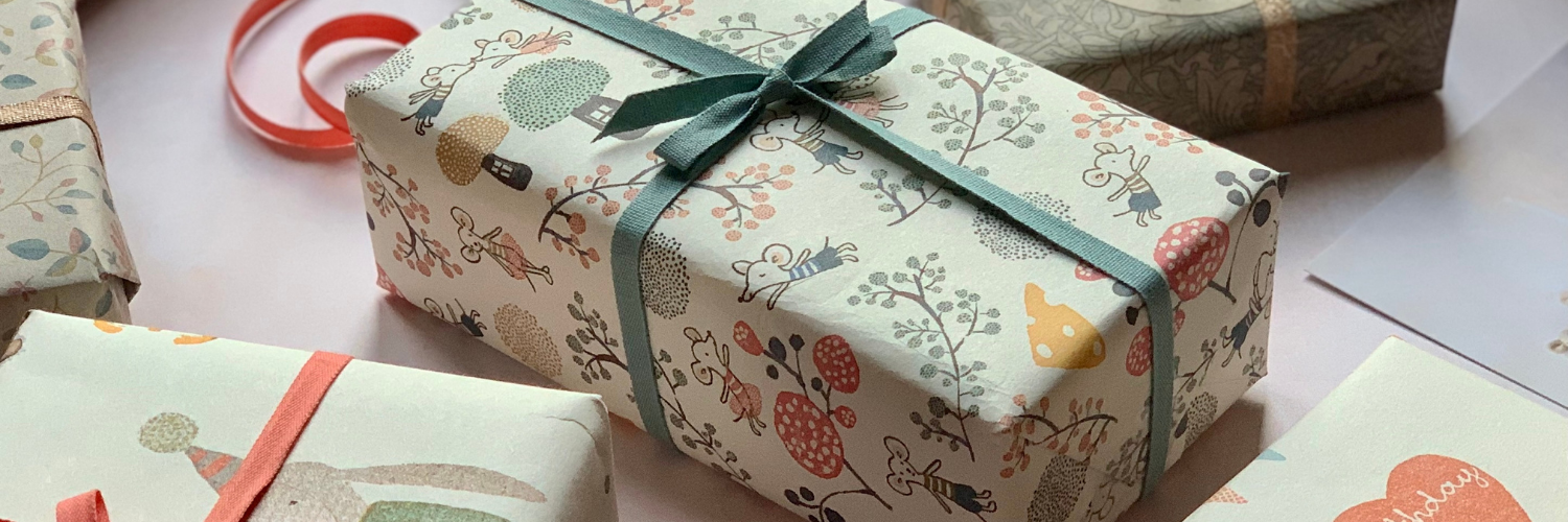 Gifts wrapped in Maileg gift wrap and ribbon