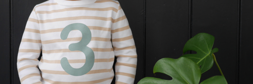 A child wearing a Bob and Blossom breton number 3 t shirt on 