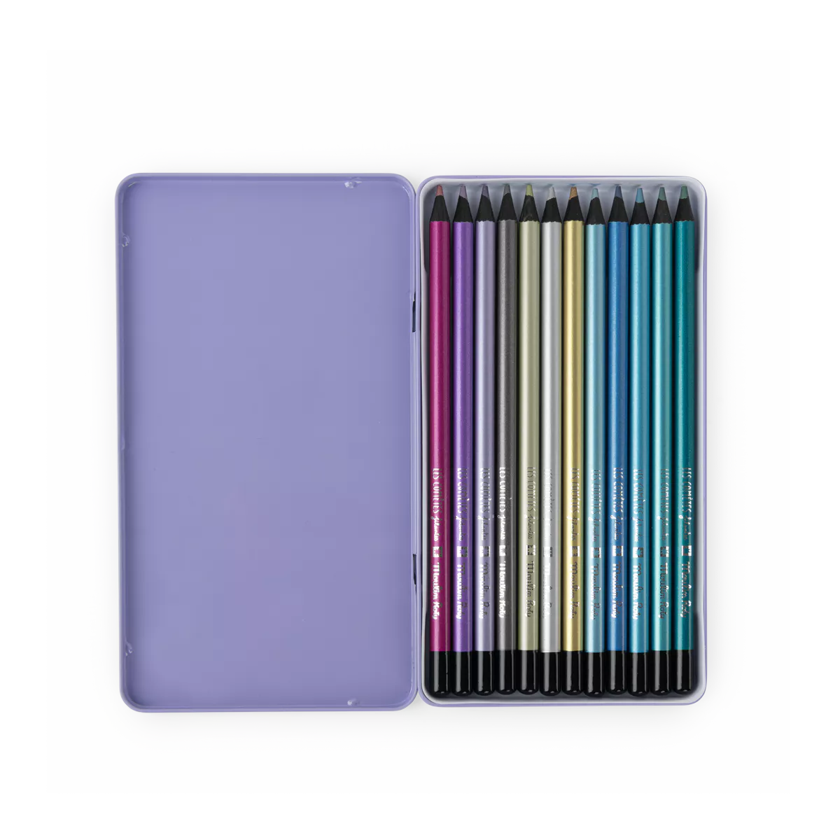 Set of colored pencils in a purple case on a white background moulin roty les comètes filantes