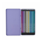 Set of colored pencils in a purple case on a white background moulin roty les comètes filantes