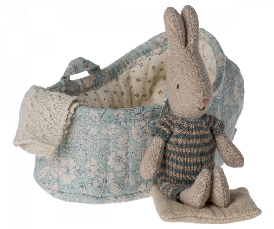 Maileg Rabbit in a Carry Cot Dusky Blue Yoyo Flo