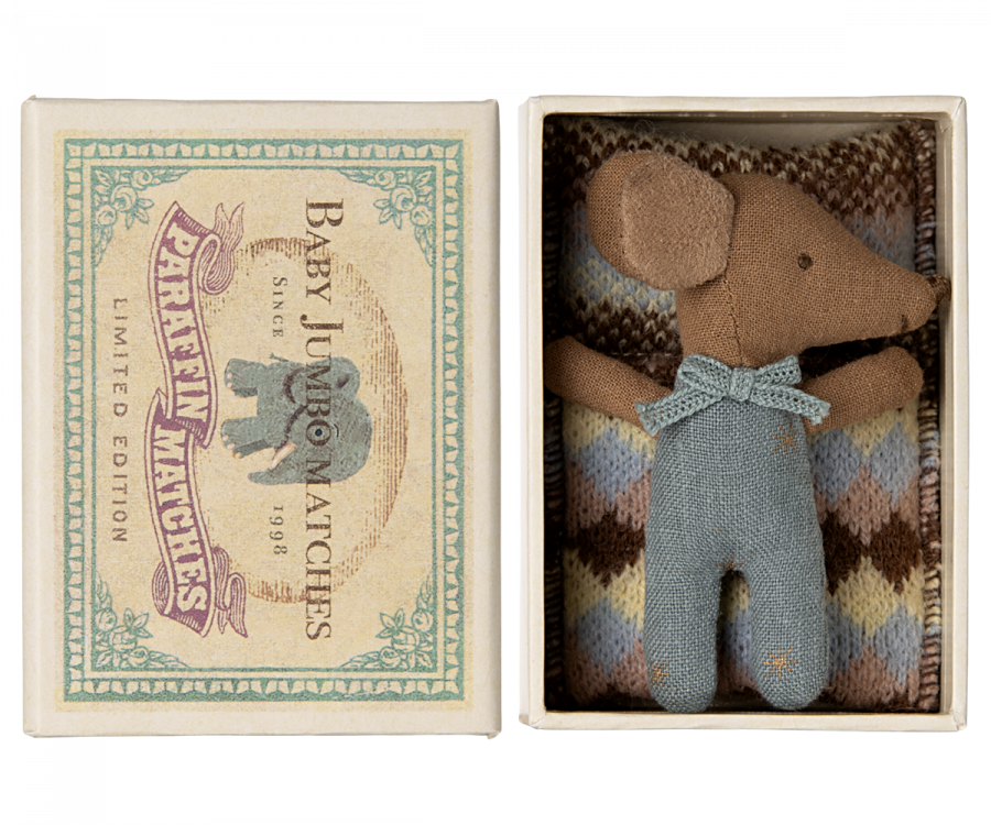 Maileg Sleepy Wakey Baby mouse in a matchbox, Blue