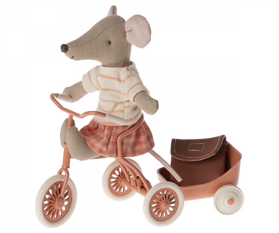 Maileg Big Sister Tricycle Mouse with Backpack, Coral