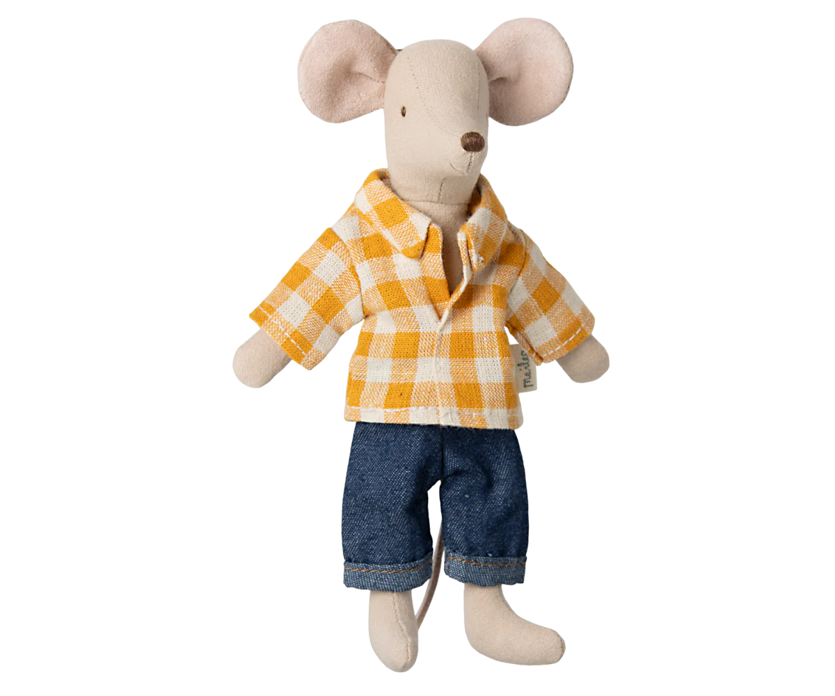 Maileg dad mouse in yellow checked shirt and jeans 