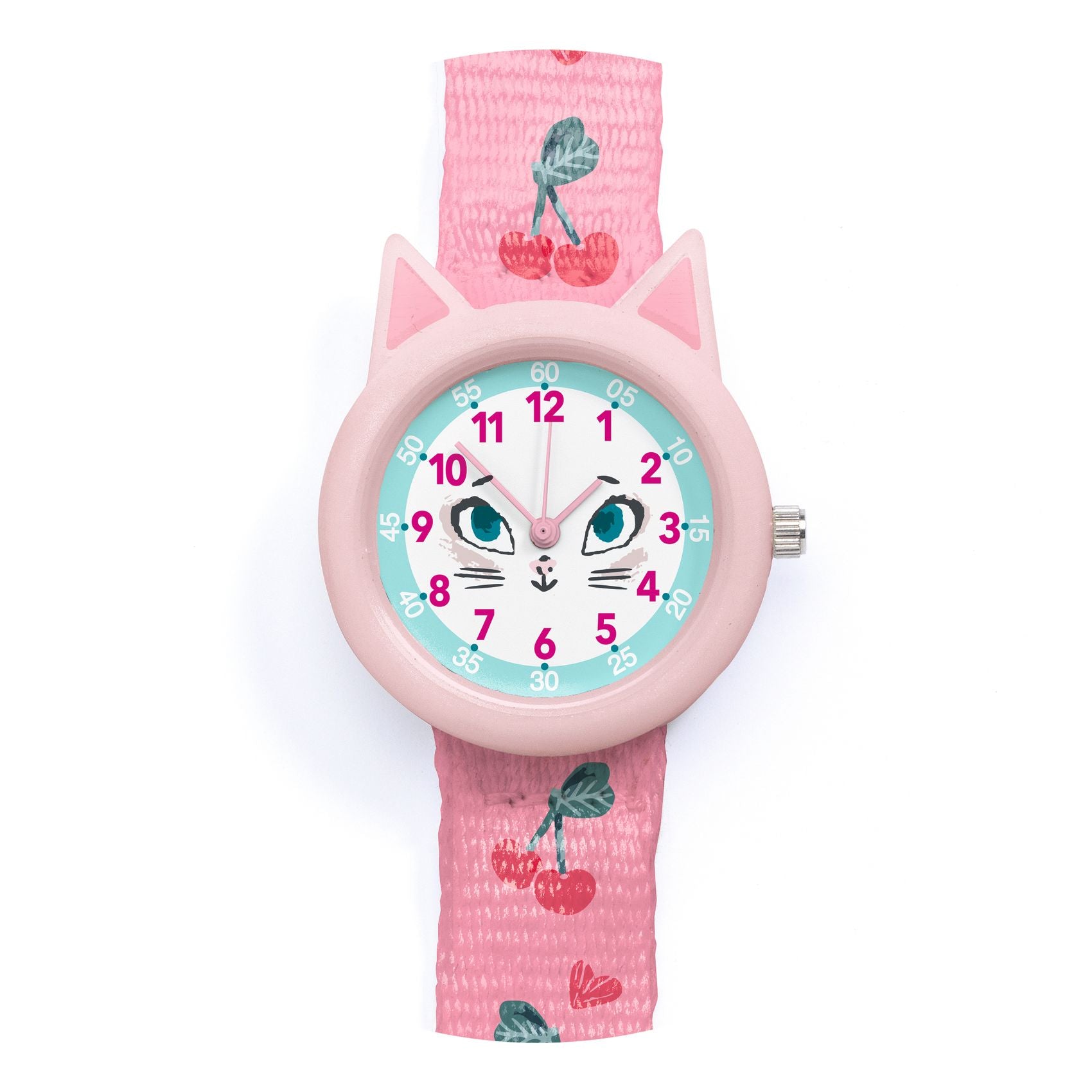 Children's watch with a pink strap and cat face design on a white background