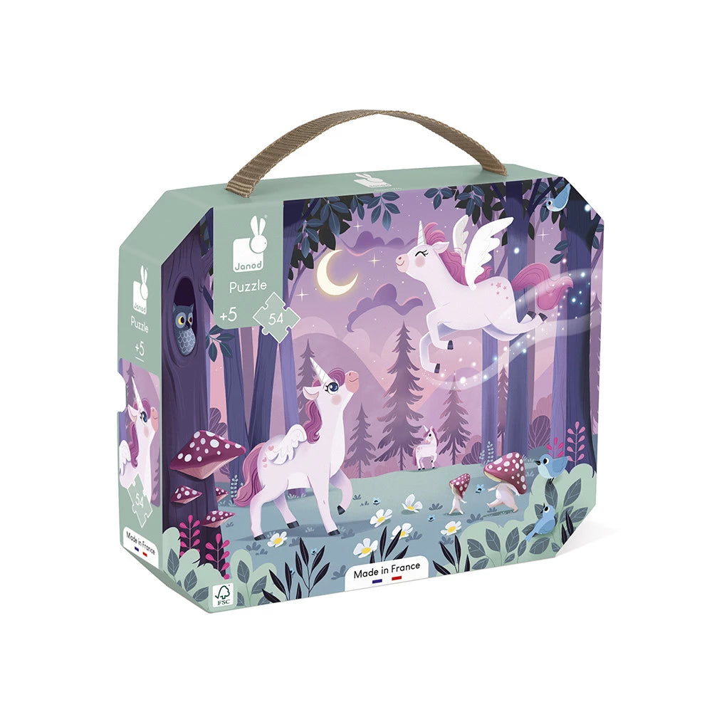 Unicorn-themed puzzle box with forest design on a white background