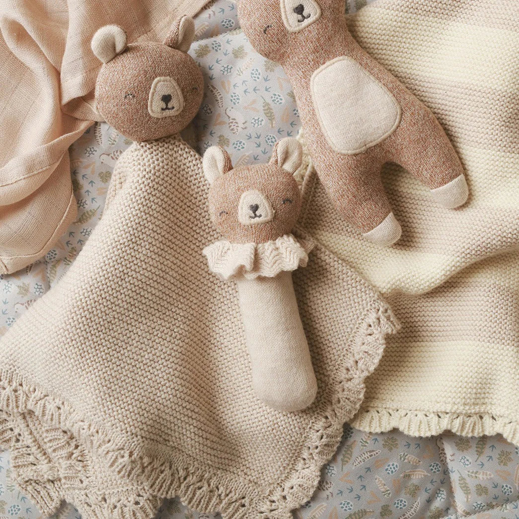 Avery Row Rattle, Brave Bear rattle and cuddle cloth