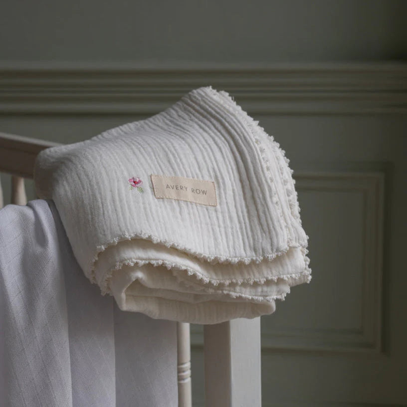 Avery Row Embroidered Muslin Blanket, Anemone Folded
