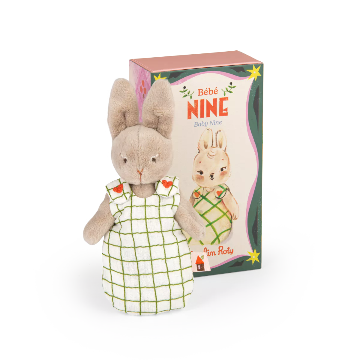 Moulin Roty Plush rabbit toy in a dress with packaging labeled 'Bèbe Nine' on a white background