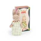 Moulin Roty Plush rabbit toy in a dress with packaging labeled 'Bèbe Nine' on a white background