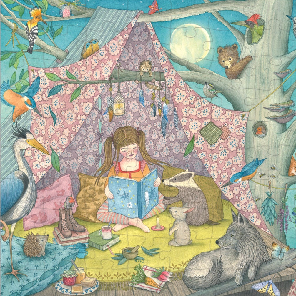 Puzzle showing a girl in a tent surrounded by animals Les Rosalies