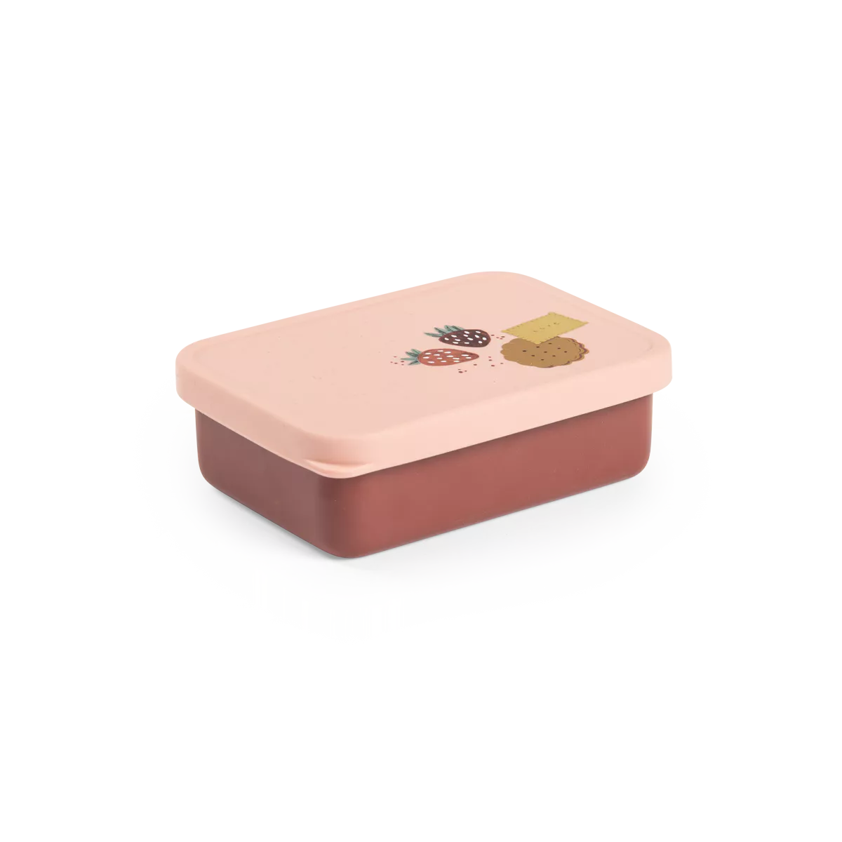 Rectangular food children's lunchbox with a pink lid and brown body on a white background
