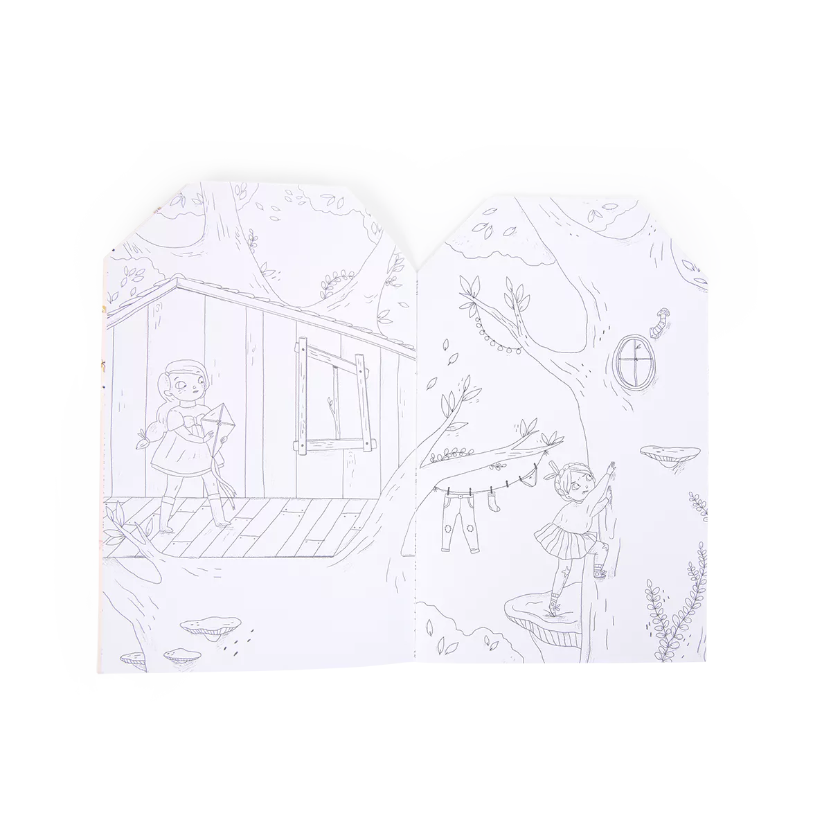 White coloring book page with black line art of children playing outside a house.