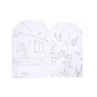 White coloring book page with black line art of children playing outside a house.