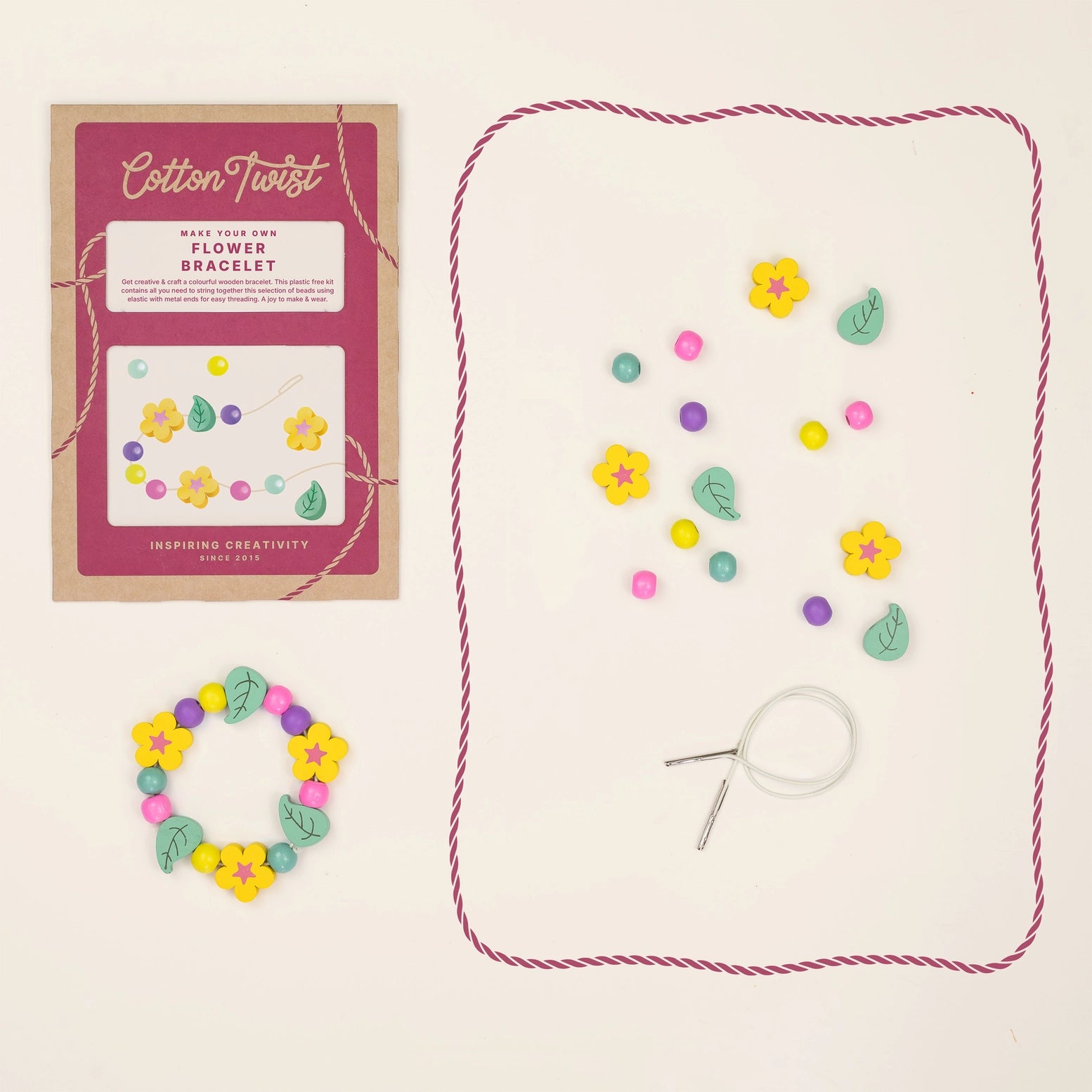 Flower bracelet-making kit with packaging, string, and flower-shaped beads on a beige background