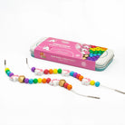 Colorful beaded necklace with packaging on a white background