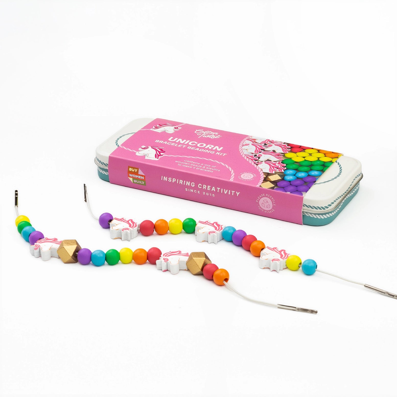 Colorful beaded necklace with packaging on a white background