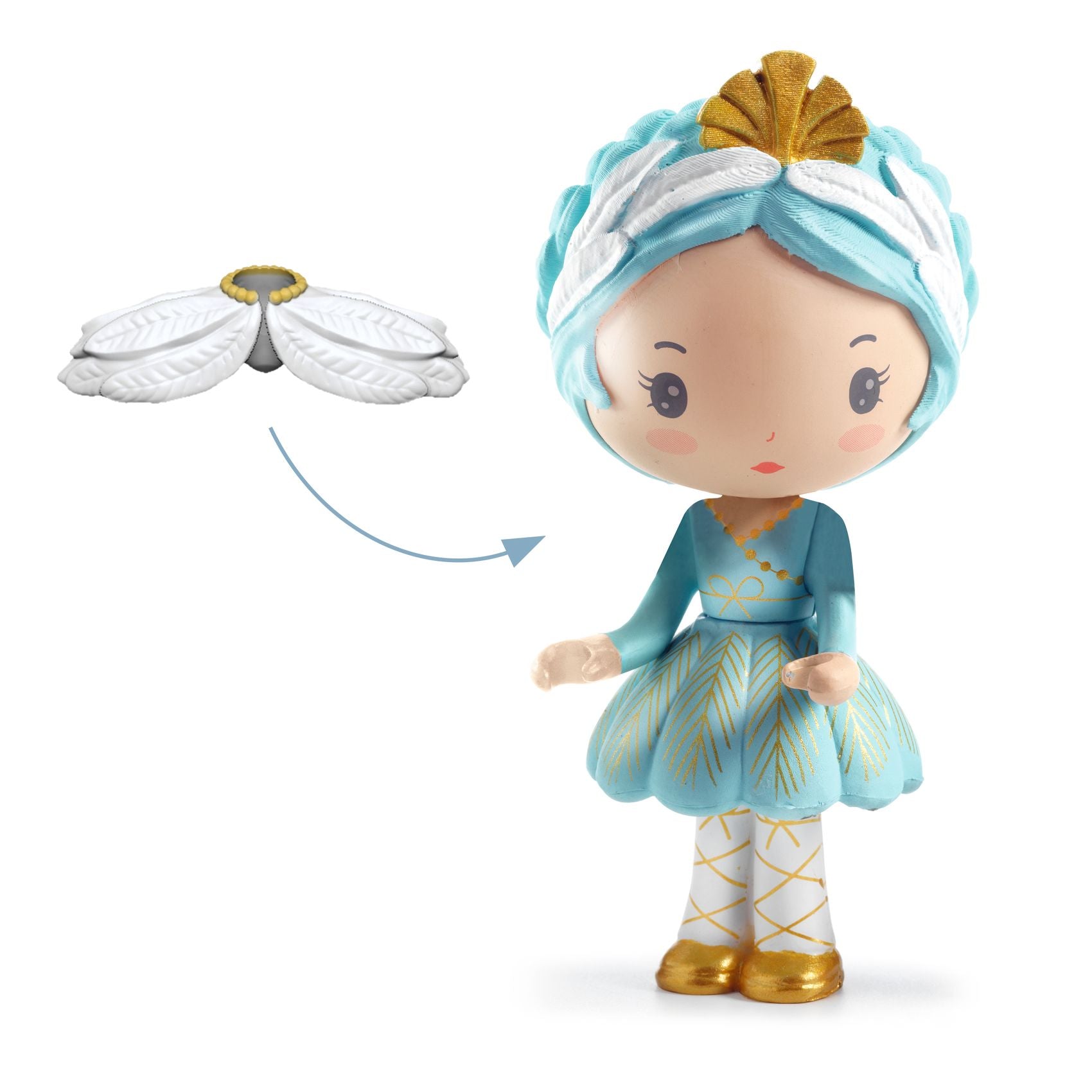 Toy figure with blue hair and dress on a white background