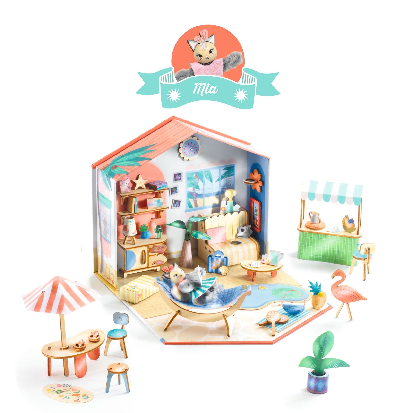 Toy dollhouse with furniture and accessories on a white background