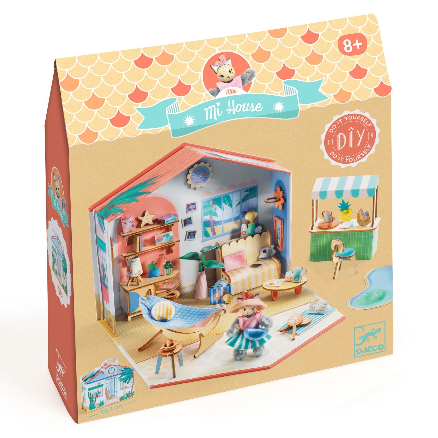 Toy house packaging with colorful design and furniture illustration on a white background
