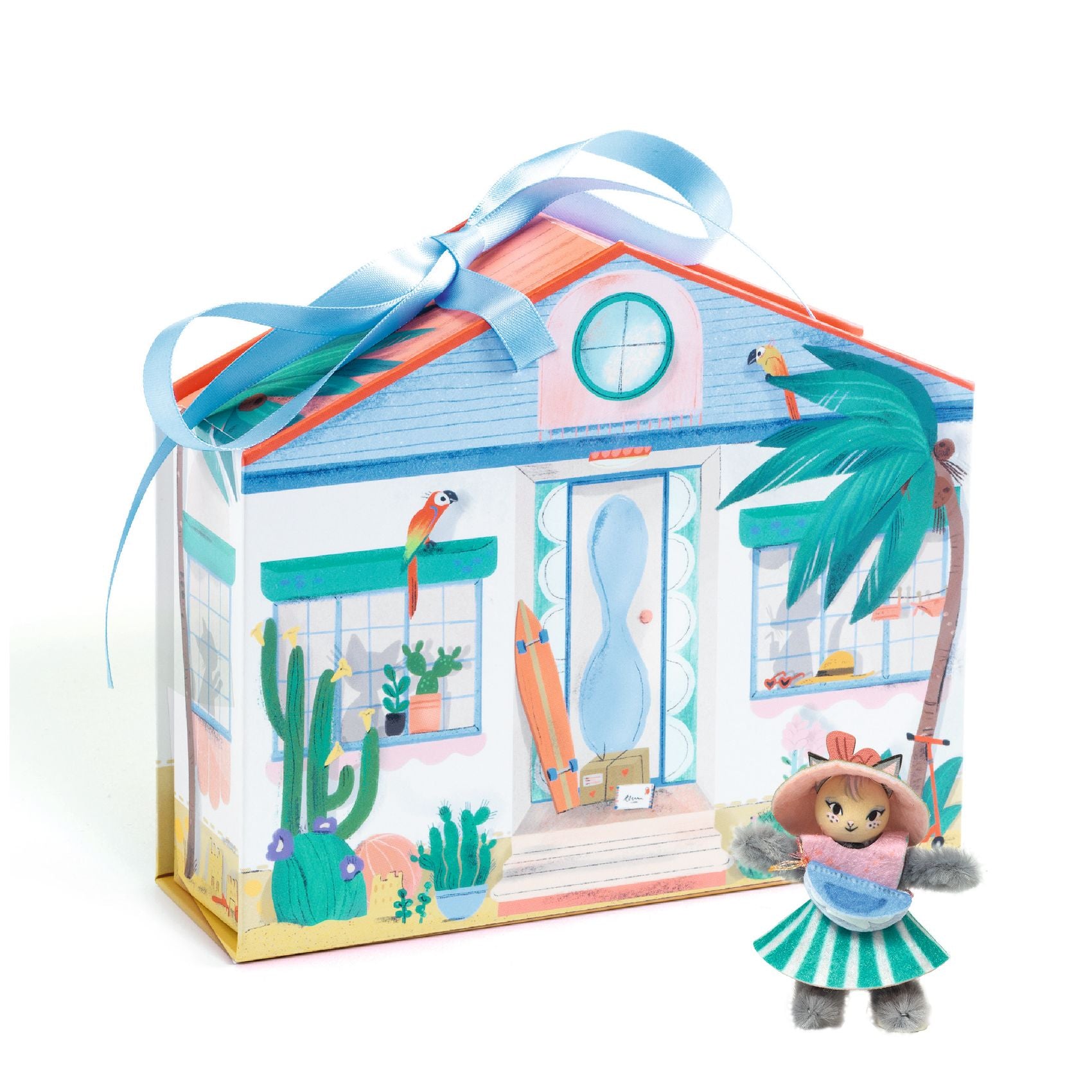 Toy house with a decorative ribbon, a toy figure, and a palm tree on a white background