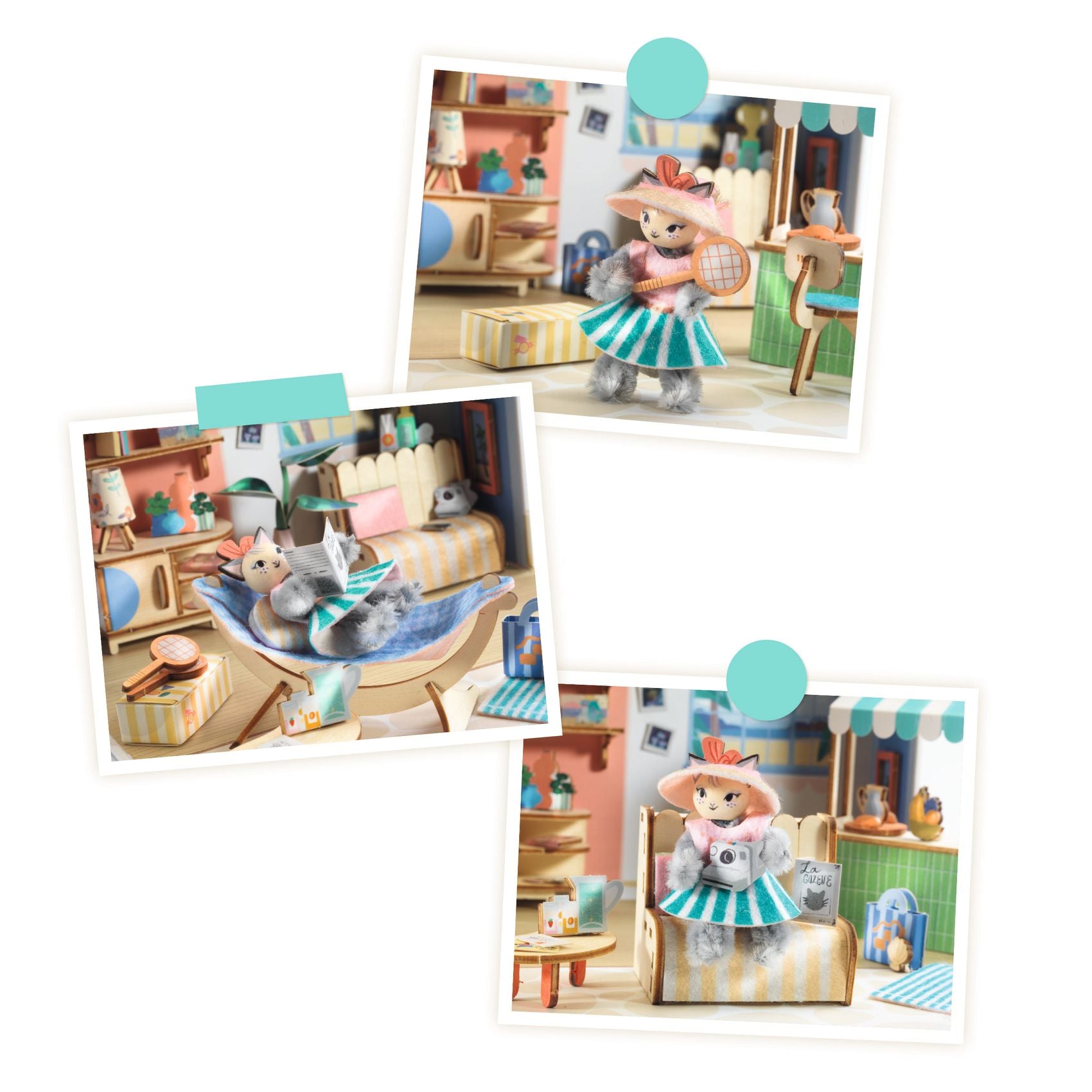 Collage of a teddy bear in a dollhouse setting with furniture and accessories.