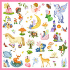 Collection of colorful fairy, unicorn, and fantasy-themed illustrations on a pink background.