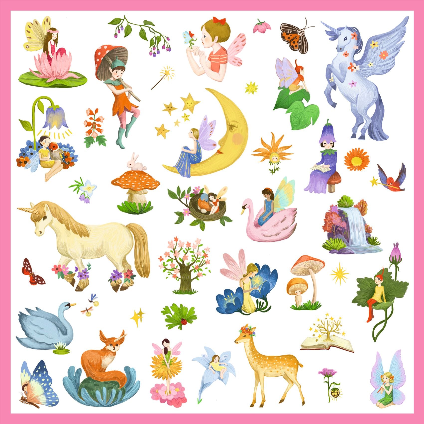 Collection of colorful fairy, unicorn, and fantasy-themed illustrations on a pink background.