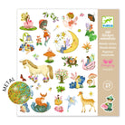 Sheet of colorful stickers featuring fairies, unicorns, and other fantasy creatures with a Djeco branding label.