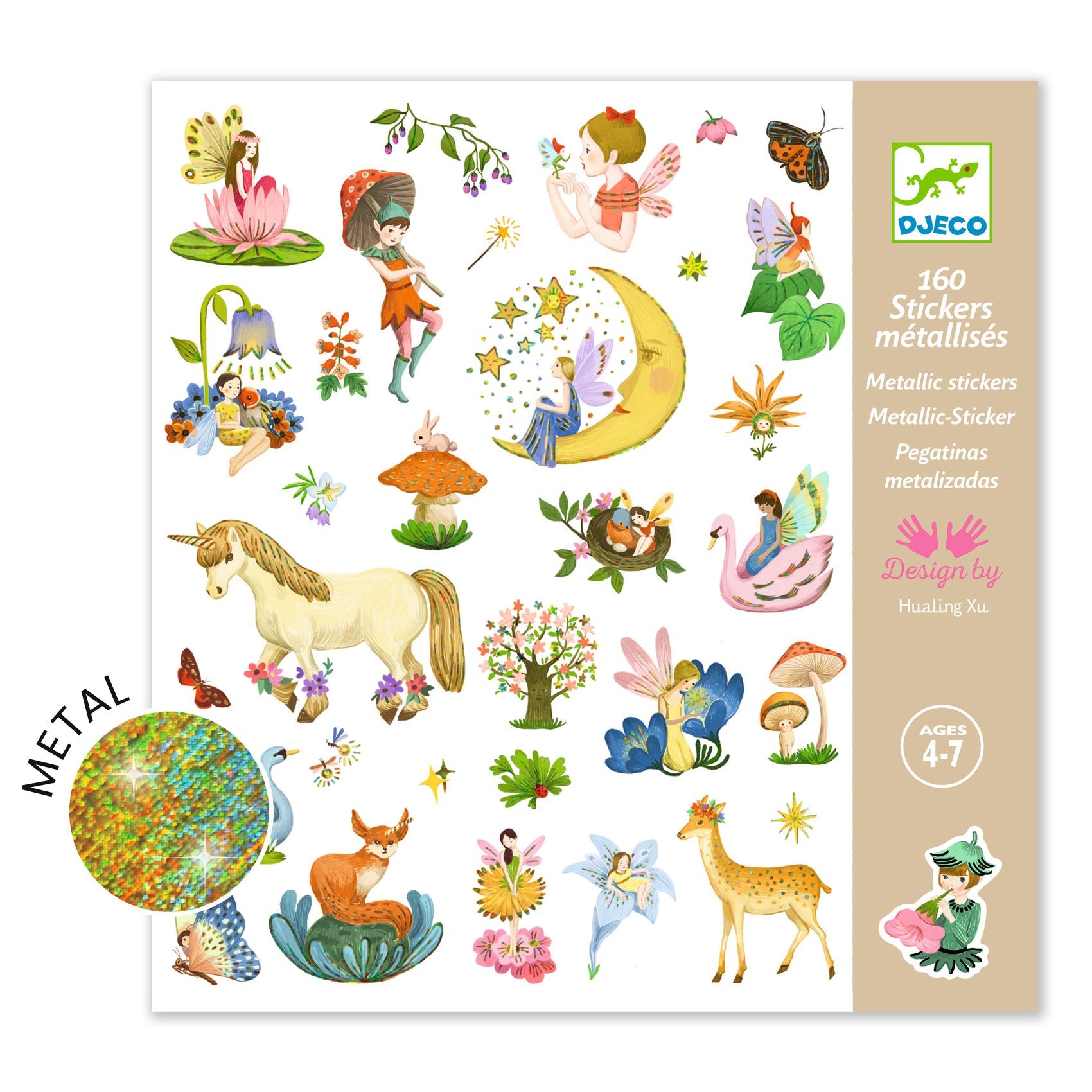 Sheet of colorful stickers featuring fairies, unicorns, and other fantasy creatures with a Djeco branding label.
