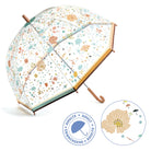 Transparent umbrella with floral pattern and wooden handle on a white background