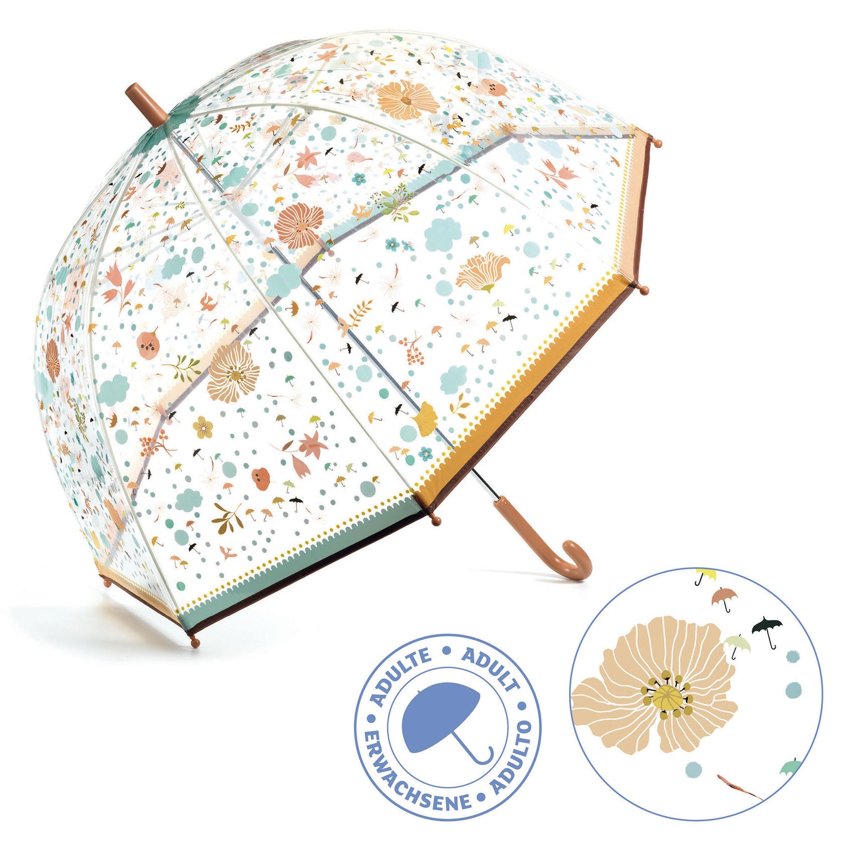 Transparent umbrella with floral pattern and wooden handle on a white background