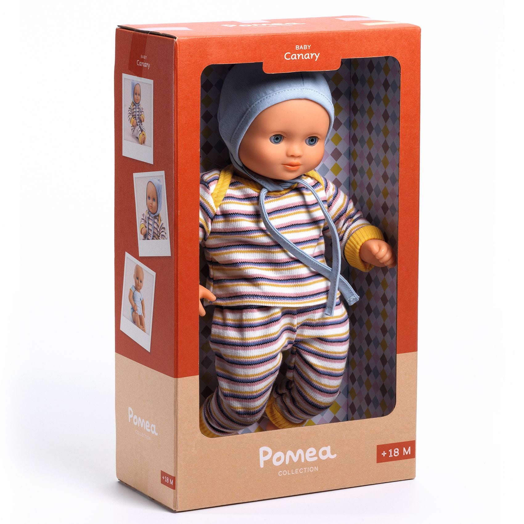 Pompea baby doll in striped outfit with stethoscope in packaging
