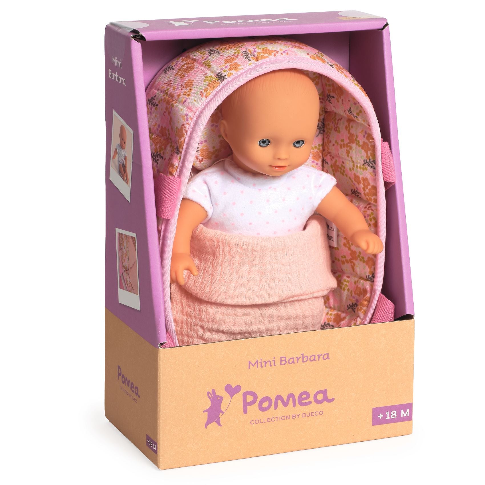 Pompea Mini Barbara doll in packaging with floral headband and pink outfit
