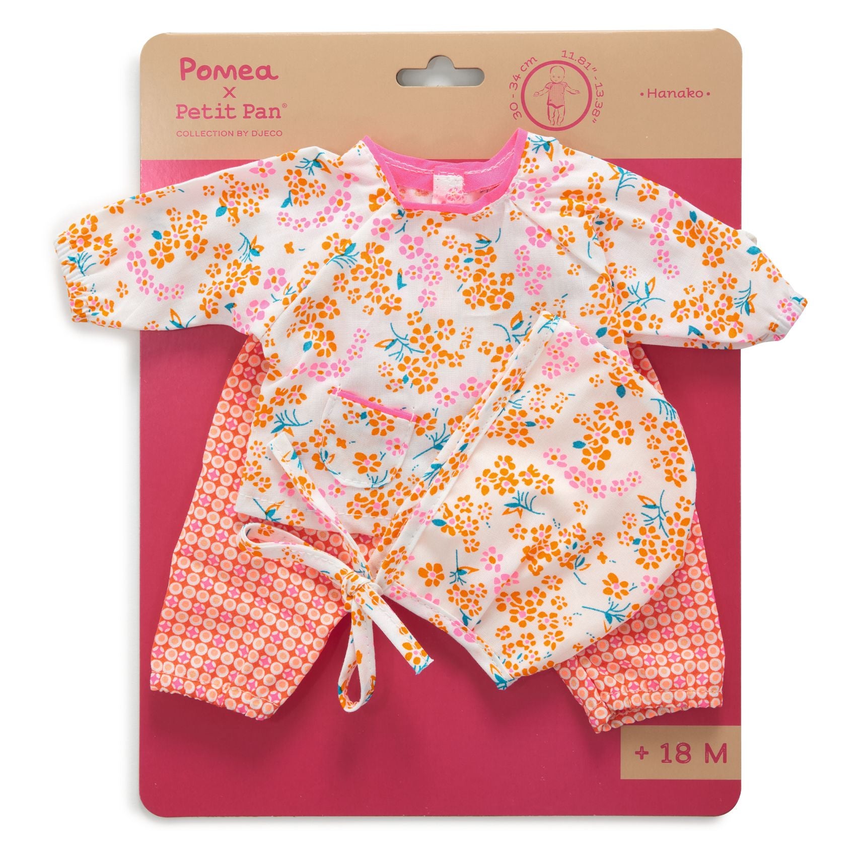 Children's floral outfit set on a pink and brown packaging background