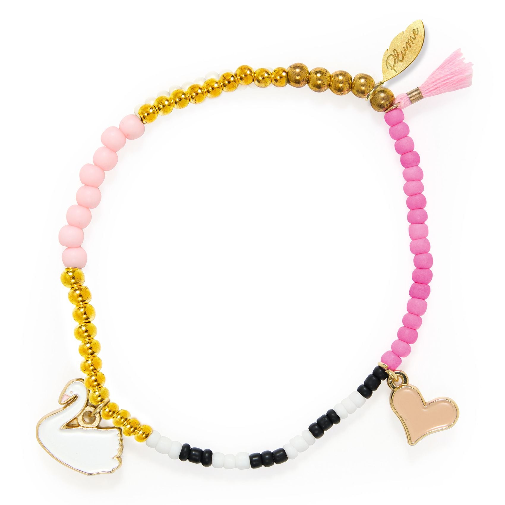 childrens ballet Bracelet with pink, gold, and black beads featuring a swan and heart charm on a white background.