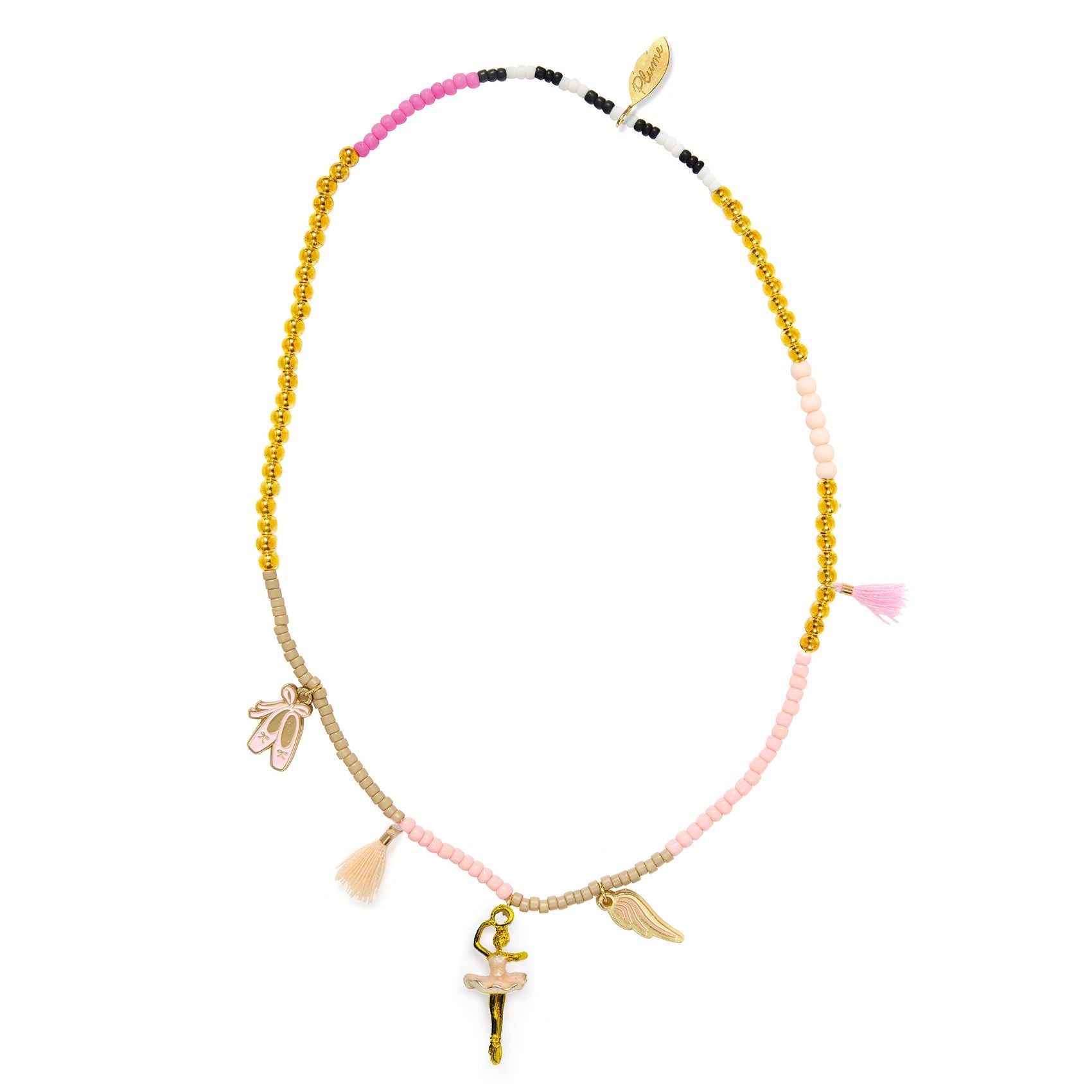 ballerina Necklace for girls with colorful beads and charms on a white background