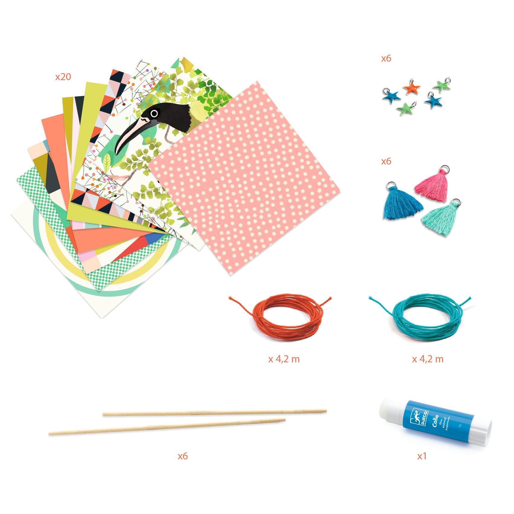 Assorted craft supplies including paper, string, and decorative items on a white background
