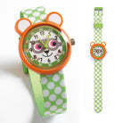 Children's watch with green and orange design on a white background