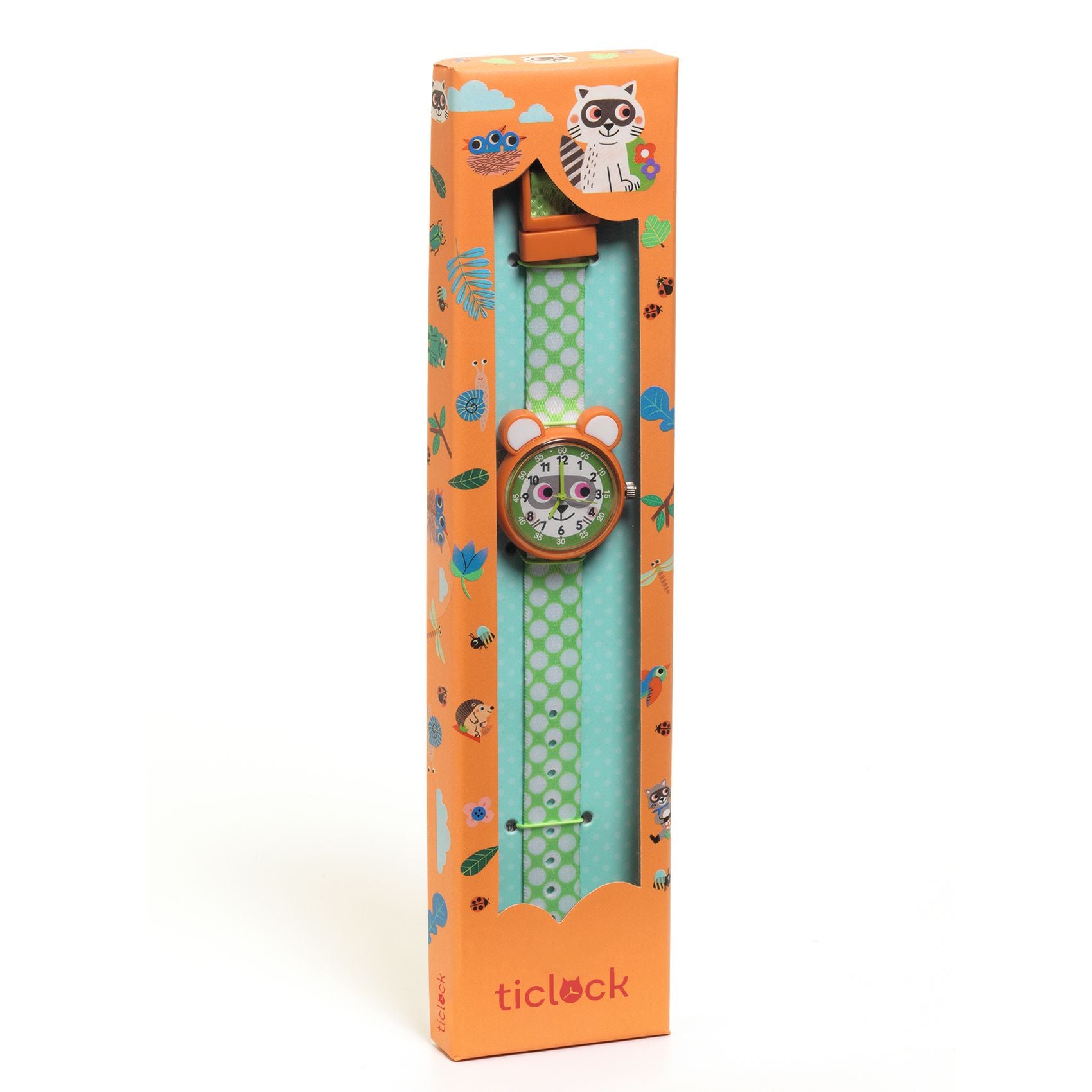 Children's watch with a colorful strap in its packaging on a white background