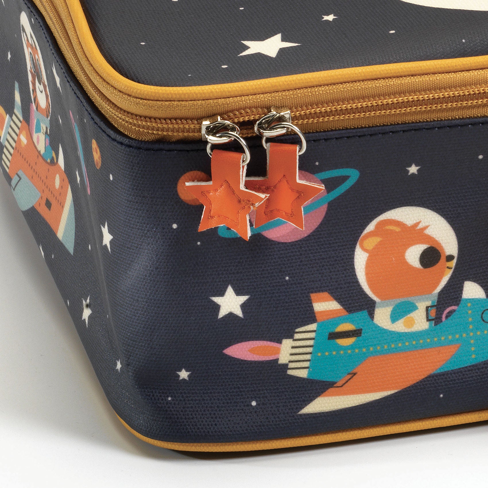 Children's suitcase with space-themed design featuring an astronaut bear and rocket ship on a dark blue background.