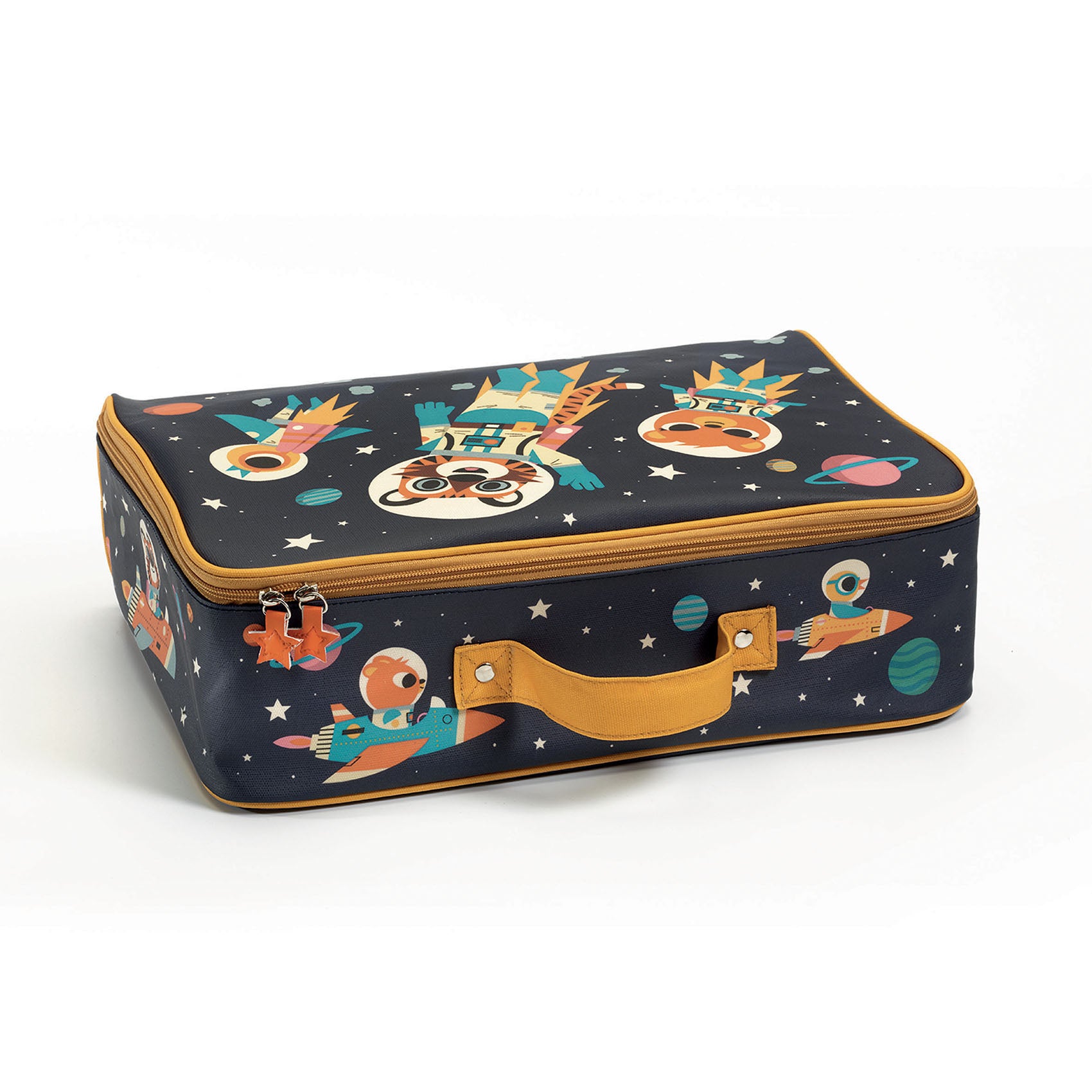 Suitcase with space-themed design on a white background